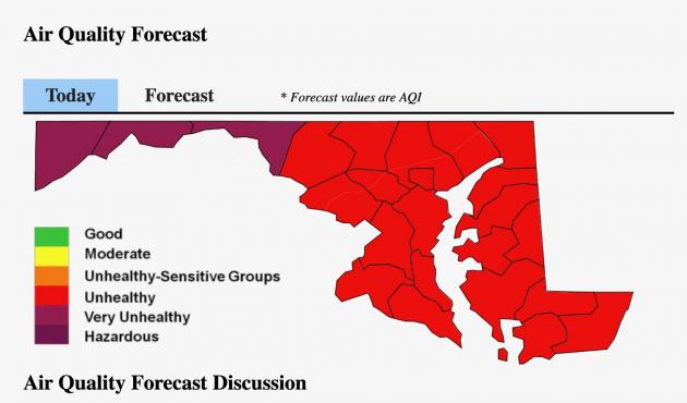 Wildfire smoke has Maryland in very unhealthy air quality status